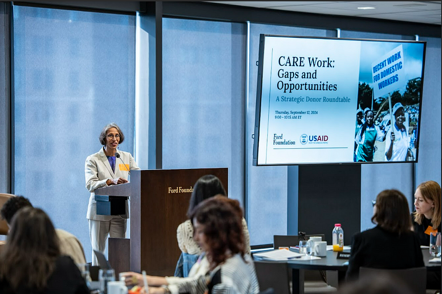 Bama Athreya, deputy assistant administrator for the Gender Equality and Women’s Empowerment Hub, speaking at CARE Work: Gaps and Opportunities, a strategic donor roundtable. Ford Foundation