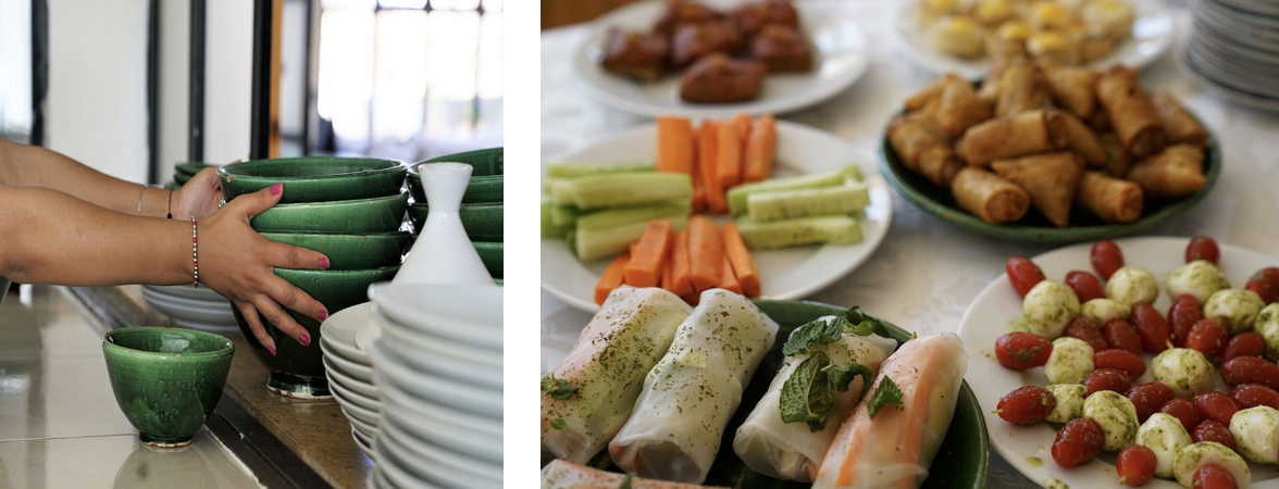 Left: A young woman who completed training at Ennakhil’s solidarity restaurant stacks bowls. Ennakhil Association created the solidarity restaurant in 2021 with USAID funding during the COVID-19 pandemic. Right: A sample of some of the food prepared by culinary trainees and graduates at the Ennakhil Association in Marrakech, Morocco. / Katie Bercegeay, USAID