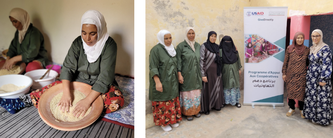 Left: Members of the Women’s Cooperative IATIBAR make couscous by hand from village whole wheat flour. Right: Touria Abounaouafil, president of the Women’s Cooperative IATIBAR (WCI), second from the right, poses with other WCI members outside of the cooperative in Ain Nafad, in the Marrakech region of Morocco. / Andrew Manohan, USAID