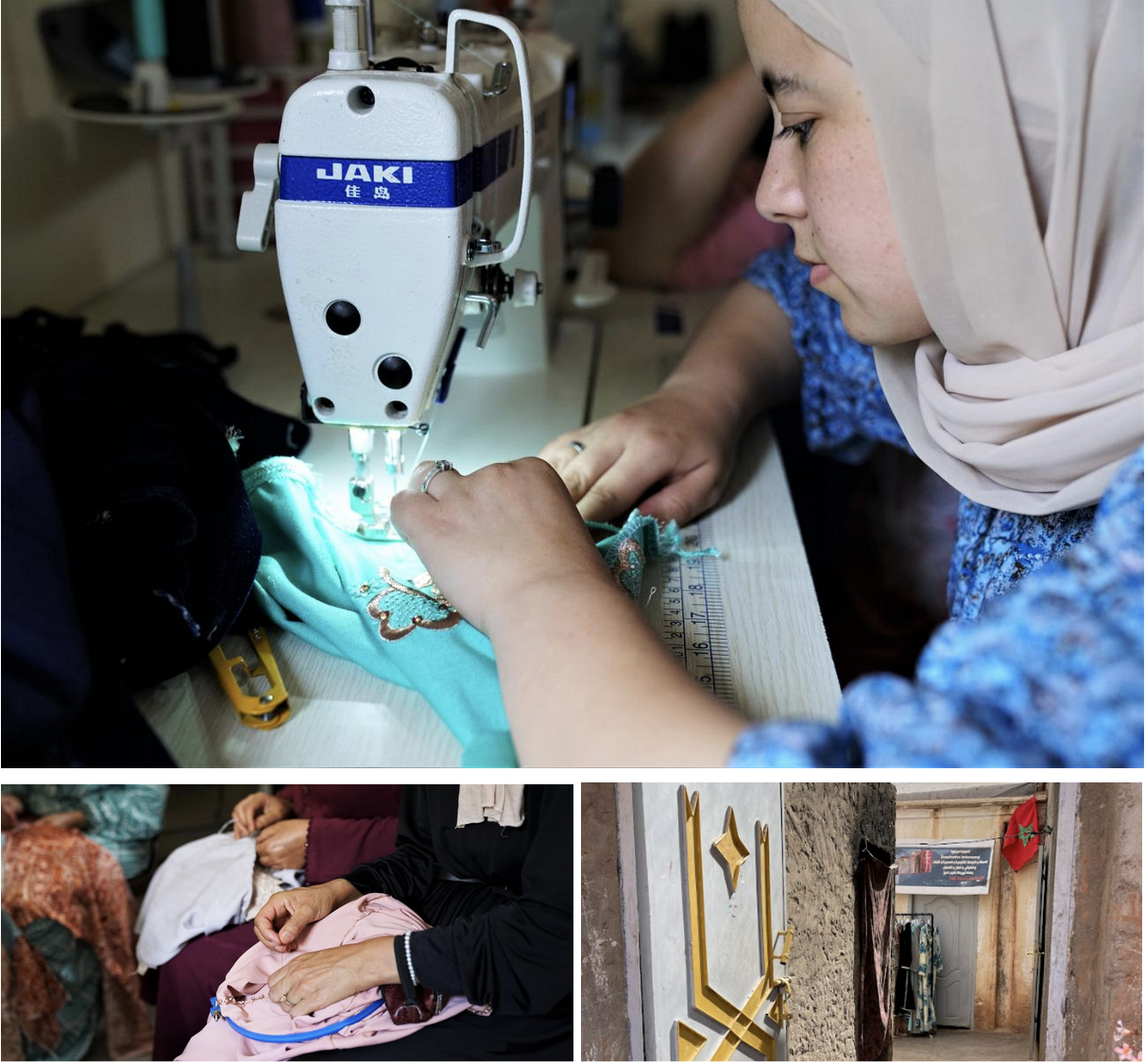 Images of women using sewing machine and making garments